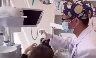 Nha sĩ nam giơ tay ra hiệu cho trợ lý lấy dụng cụ, bệnh nhân nữ có phản xạ cực kỳ bất ngờ