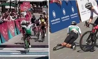 VĐV đua xe đạp giơ tay mừng thắng lợi khi về đích ai ngờ ngã lăn, cái kết “đắng lòng” hơn