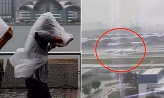 Video chuyến bay duy nhất hạ cánh thành công ở sân bay Hong Kong giữa bão Saola