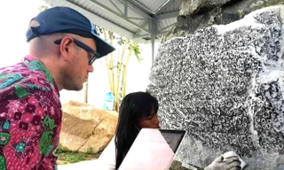 Giáo sư Arlo Griffiths nghiên cứu dòng chữ khắc trên bia đá Chăm Pa. Ảnh Nguyễn Quang Tuệ