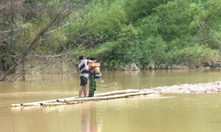 Người dân xã Đắk Rơ Nga phải lội nước vào khu sản xuất của mình do Thuỷ điện Plei Kần tích nước trái phép.
