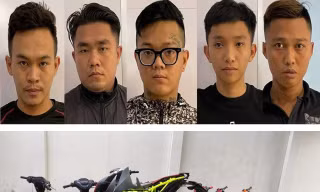 Nhóm 'quái xế' bị công an bắt giam cùng phương tiện.
