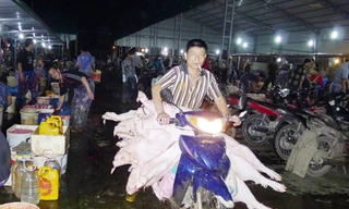 Thịt lợn giết mổ ở Hà Nội chủ yếu dùng xe máy để chở, không có thùng kín Ảnh: Phạm Anh