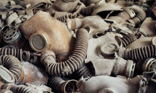 Dụng cụ phòng độc còn bỏ lại ở thị trấn Pripyat, Ukraine, sau thảm họa Chernobyl. Ảnh: BI