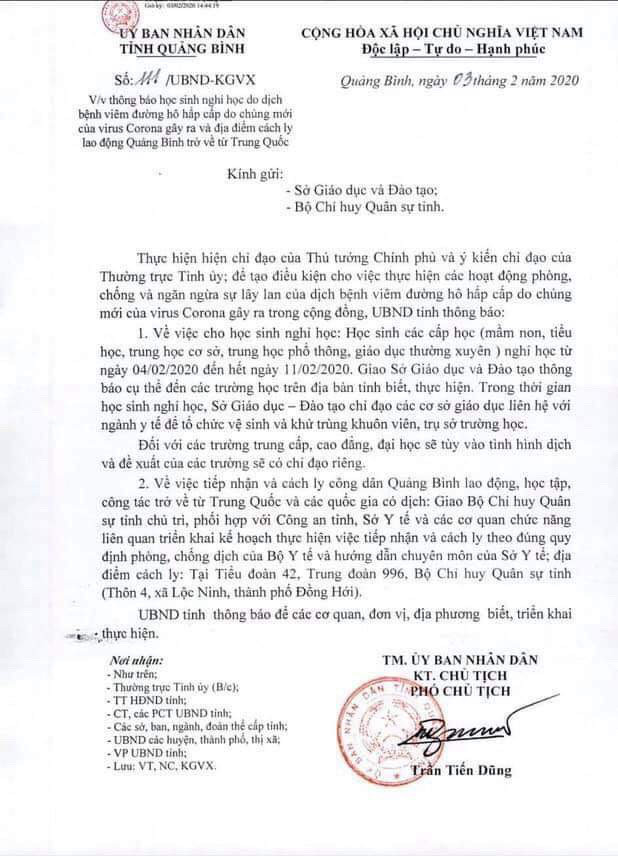 Quảng Bình cho học sinh nghỉ học vì dịch cúm corona