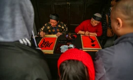 Đội mưa, xếp hàng xin chữ đầu năm ở Văn Miếu