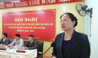 Bà Hà Thị Nga – Ủy viên Ban Chấp hành Trung ương Đảng, Phó Chủ tịch, Tổng Thư ký Ủy ban Trung ương Mặt trận Tổ quốc Việt Nam, trình bày chương trình hành động tại Hội nghị tiếp xúc cử tri với những người ứng cử đại biểu Quốc hội khóa XVI và đại biểu HĐND tỉnh Lai Châu nhiệm kỳ 2026–2031.