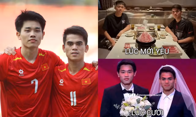 Dân mạng hài hước ghép cả "ảnh cưới" cho cặp đôi U23 Văn Khang và Đình Bắc