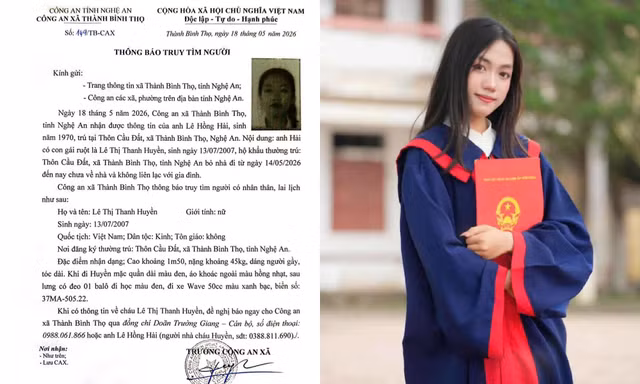 Nghệ An: Nữ sinh lớp 12 mất tích nhiều ngày, công an thông báo đặc điểm nhận dạng
