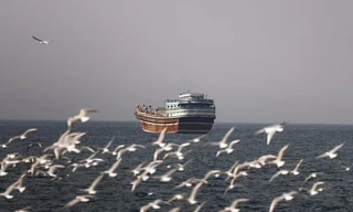 Chim bay gần một chiếc thuyền ở eo biển Hormuz trong bối cảnh xung đột giữa Mỹ và Israel với Iran, nhìn từ Musandam, Oman ngày 2/3/2026. Ảnh: Reuters.