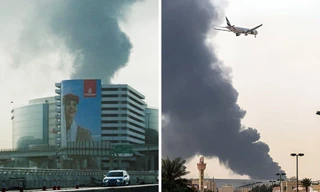 Khói bốc lên sau khi sân bay quốc tế Dubai bị UAV Iran tấn công. Ảnh: PYOK.