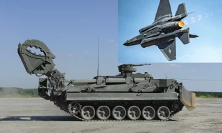 Máy bay chiến đấu thế hệ 5 F-35 của Mỹ và xe công binh bọc thép đa năng '3 trong 1' của Nga. Ảnh: Af.mil/www1.ru.