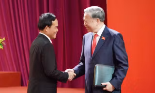 Tổng Bí thư Tô Lâm cùng Bí thư Thành ủy TPHCM Trần Lưu Quang tại phiên khai mạc Đại hội.