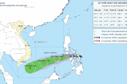 Áp thấp nhiệt đới hình thành, vùng biển Đà Nẵng đến Đắk Lắk có gió giật cấp 7-8