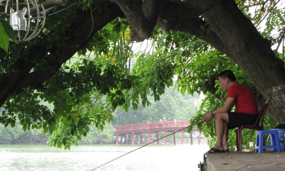 Ngồi ghế nhựa, uống trà đá thản nhiên câu cá ở Hồ Gươm. Ảnh: Trường Phong