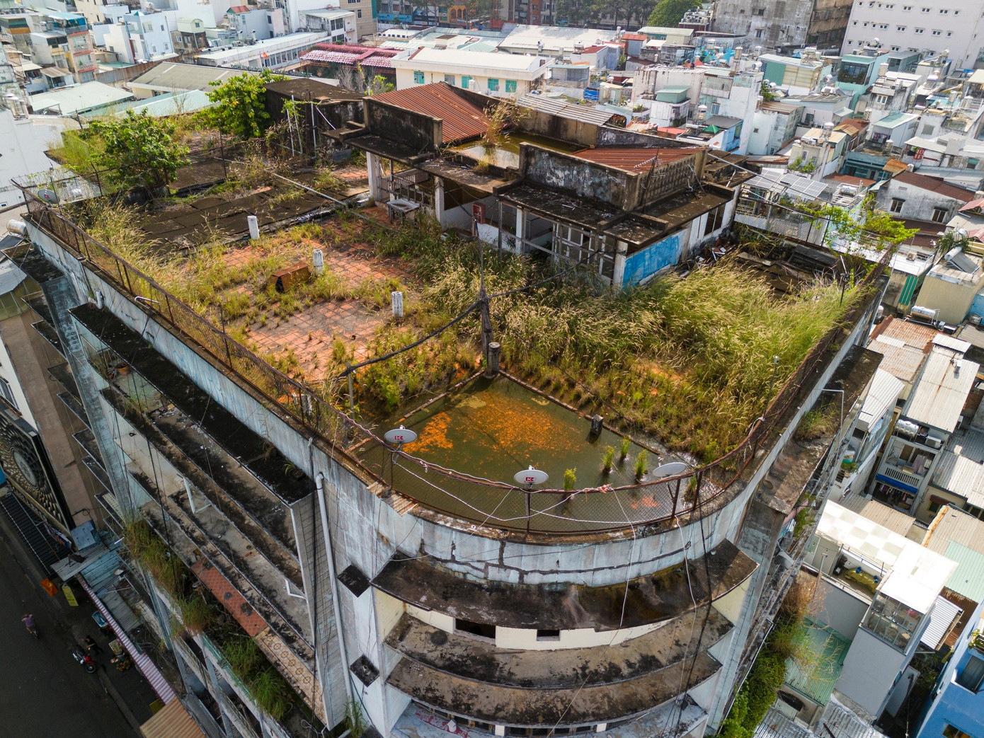 Trên tầng thượng, cỏ mọc um tùm. Nơi đây từng là sân chơi của trẻ em chung cư, nhiều gia đình còn tận dụng dây điện, dây cáp giăng trên sân thượng để làm dây phơi quần áo.