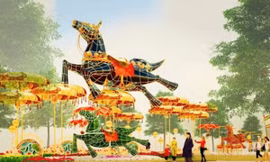 Đại cảnh “Giang sơn cẩm tú” với hình ảnh các con ngựa đại diện cho 3 địa phương sáp nhập là Bình Dương, TPHCM và Bà Rịa- Vũng Tàu
