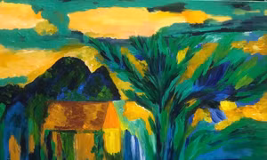 Chiều trung du, chất liệu acrylic trên toan, kích thước 60x80 cm, của nhà văn, họa sĩ Đặng Lưu San. Họa sĩ Đỗ Đức từng nhận xét: “Đặng Lưu San đến với hội họa như một ngã rẽ, một cách tự xé rào như trời xui, đất khiến. Chị là một người viết văn, làm thơ, tự nhiên thấy yêu thích vẽ. Chị vẽ theo cảm xúc, theo trí tưởng tượng của mình về thiên nhiên và những không gian quanh mình. Những núi, những hàng cây, những ngôi nhà lấp ló, những cú bùng phát, xốc xáo của ráng chiều. Những con sóng xanh biển cả nằm trong tâm thức chị tự bao giờ nay có dịp trào ra, rải lên toan theo cảm xúc màu”