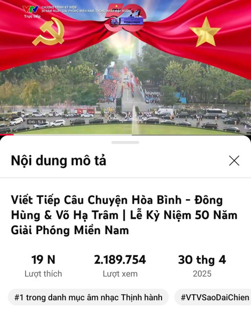 Màn trình diễn của Võ Hạ Trâm và Đông Hùng đạt hạng nhất mục âm nhạc Thịnh hành tại YouTube Việt Nam. Ảnh: CMH. Màn trình diễn của Võ Hạ Trâm và Đông Hùng đạt hạng nhất mục âm nhạc Thịnh hành tại YouTube Việt Nam. Ảnh: CMH.