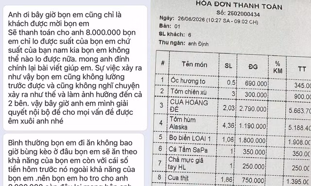 Thực hư vụ mời bạn gái ăn tôm hùm, cua hoàng đế hết hơn 16 triệu đồng rồi không thanh toán