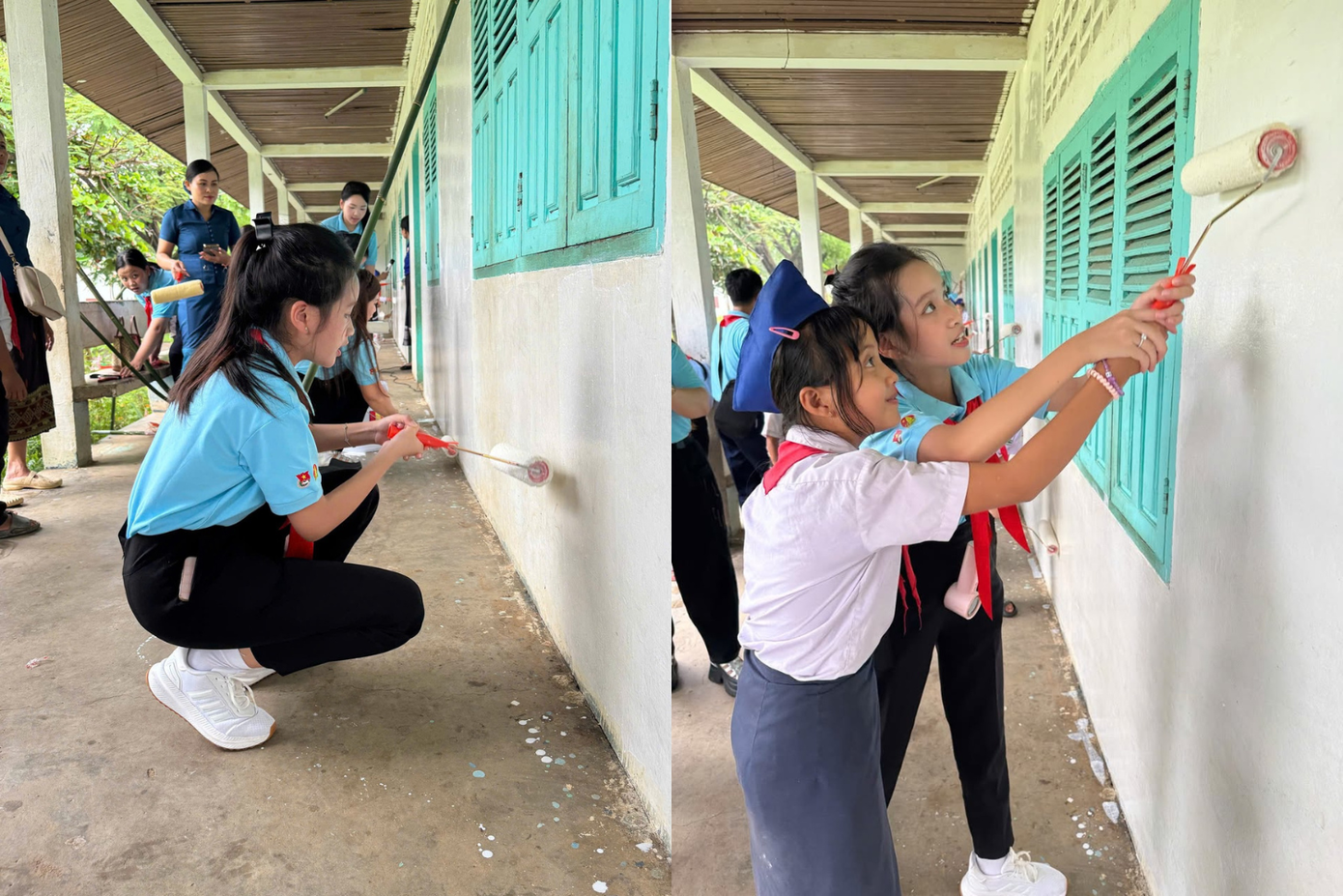 Thiên Kim cùng các bạn tự tay sơn tường ở trường học. Ảnh: NVCC. a2.png