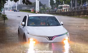 Hà Nội phố thành sông, giao thông tê liệt, xe máy 'rồng rắn' leo cao tốc giữa biển nước