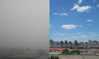 Bắc Kinh ngày ô nhiễm không khí trầm trọng (trái) và ngày ít ô nhiễm. Ảnh: Beijing Air