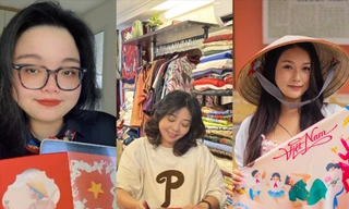 (Từ trái qua) Các bạn trẻ Hà Chu, Minh Ti và Ngọc Hiền cùng thực hiện sản phẩm “Nối vòng tay lớn” nhân dịp kỷ niệm 80 năm Cách mạng Tháng Tám thành công và Quốc khánh 2/9
