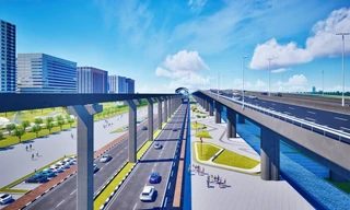 Phối cảnh trục cảnh quan sông Hồng gồm cả đương cao tốc và đường sắt đô thị 1 ray