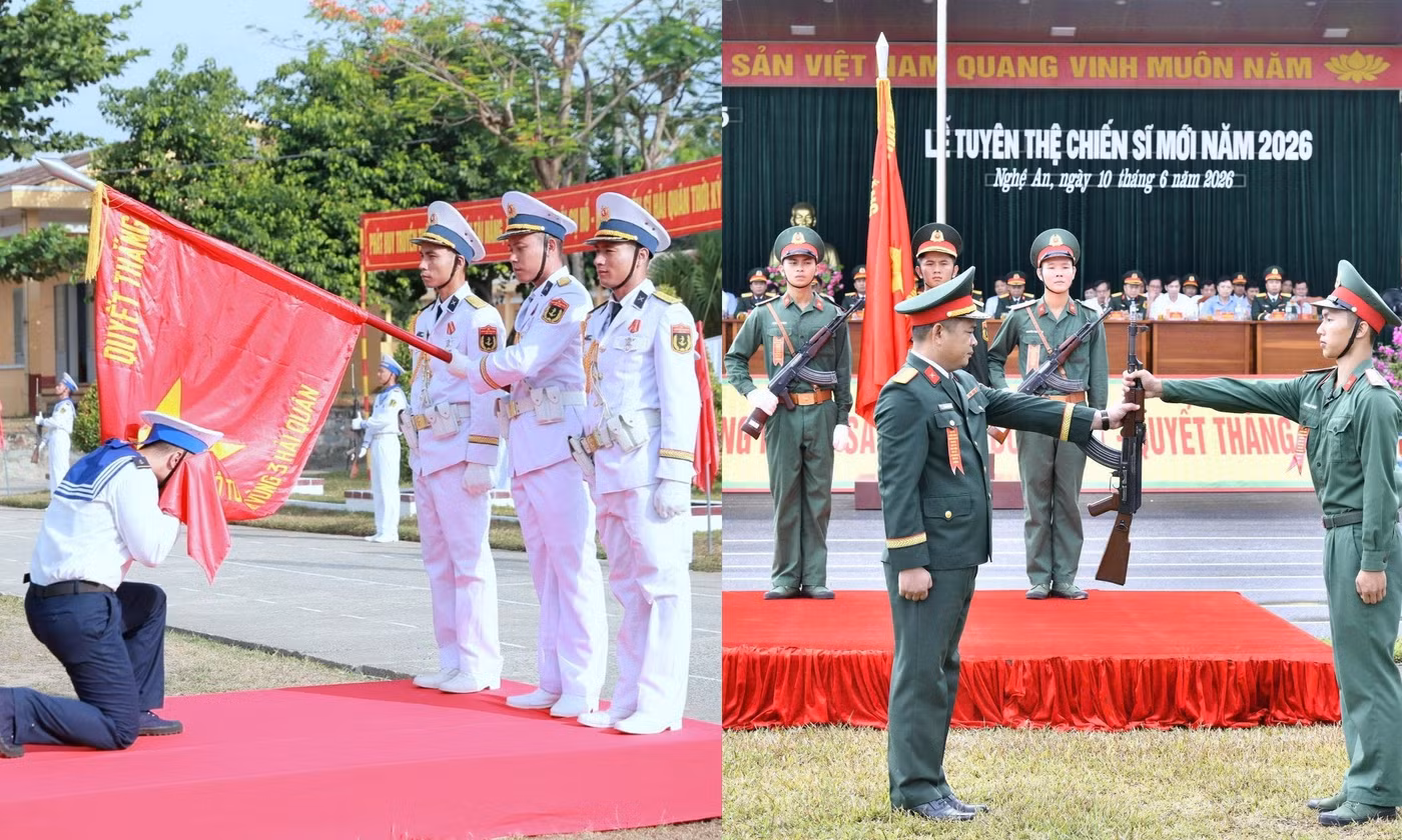 Chiến sĩ mới nhận vũ khí và tuyên thệ dưới Quân kỳ Quyết thắng 