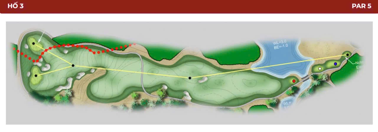 دسترسی به تی باکس سوم از گرین دوم از طریق شکاف باریکی بین دو تپه انجام میشود. تی باکسها بالا آورده شدهاند تا توپ بتواند به یک مسیر عریض برخورد کند. گرین سمت راست بالا آورده شده است و به بازیکنان بلندپرواز، دید و زاویه بهتری نسبت به گرین دوم و گرین میدهد. گرین و منطقه اپروچ در پایین تپه و روی یک برآمدگی ۱۰ متری بالاتر از گرین اول قرار دارند. این حفره دو گرین دارد و بسته به اینکه در یک روز مشخص از کدام گرین استفاده شود، بهترین زاویه اپروچ تعیین میشود. 3.jpg