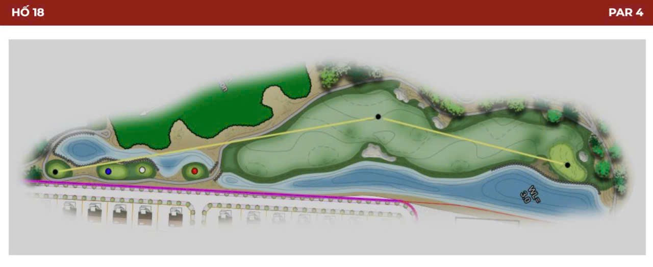 یک چاله دشوار با کوهی ۵۵ متری در سمت چپ سه راهی و نهری پر پیچ و خم که از سه راهی تا گرین امتداد دارد. مسیر عریض و مواج از چپ به راست، ضربات دقیق را با مقدار خوبی از پرش در صورت ضربه زدن به اندازه کافی طولانی، تضمین میکند. گرین در بالای یک دیوار سنگی قرار دارد و توسط یک پناهگاه جلویی و یک دریاچه در سمت راست محافظت میشود. 18.jpg