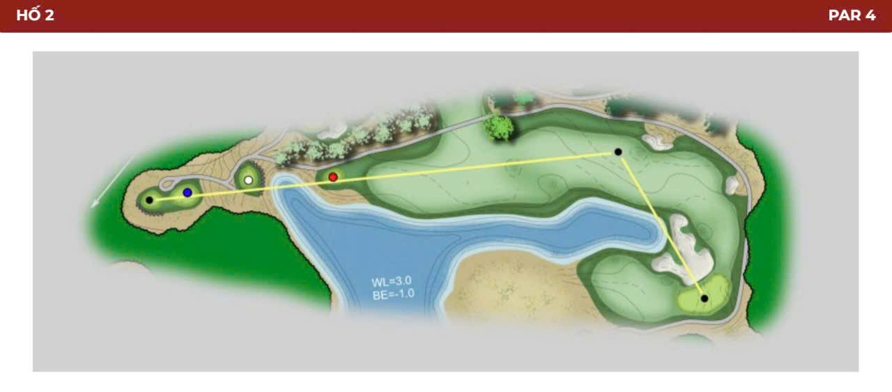 مناطق اصلی تی زدن در سوراخ دوم پار-۴ بیش از ۱۰ متر بالاتر از سطح زمین گلف قرار دارند. گلفبازان دو گزینه برای هدفگیری در زمین گلف دارند. اول، اکثر گلفبازان سمت چپ امنتر را انتخاب میکنند و با هدفگیری خوشه بانکر میانی زمین گلف، بازی طولانی انجام میدهند. دوم، گلفبازان میتوانند در صورت هدفگیری سمت راست زمین گلف، که توسط کوه پنهان شده و رسیدن به آن نیاز به یک ضربه خطرناک دارد، به گرین ضربه بزنند. زاویه نزدیک شدن از سمت چپ زمین گلف به سمت بانکر میانی دشوار است زیرا گرین در امتداد یک طرف شیب دارد. بازیکنانی که به سمت راست زمین گلف میرسند اما نمیتوانند به گرین برسند، به راحتی به گرین میرسند. بانکرهای بزرگ میانی برای ضربات اشتباه مناسب خواهند بود. 2.jpg