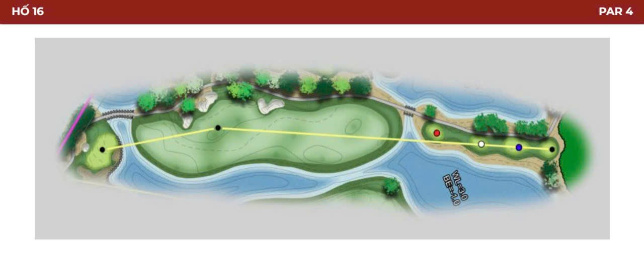 یک پار ۴ کوتاه/متوسط چالشبرانگیز با آب در سمت چپ در تمام طول سوراخ، که برای رسیدن توپ به گرین به یک ضربه آب نیاز دارد. 16.jpg