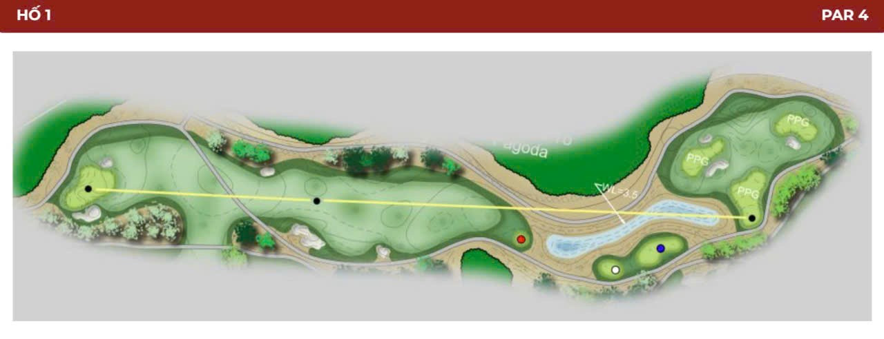 پار ۴ اول، یک بازی نسبتاً آسان به سمت جنوب است. ضربه تی از بین دو کوه به یک منطقه فرود وسیع و مرتفع با دو پناهگاه فِیر وِی در سمت چپ میرود. دامنههای سبز از راست به چپ در پایه کوه شیبدار امتداد دارند. مسیر رسیدن به گرین باز است و یک پناهگاه در سمت چپ، از پرچم در پشت محافظت میکند. 1-5691.jpg