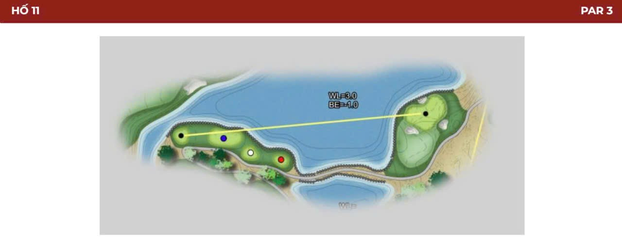 این سوراخ برای همه بازیکنان نیاز به یک شوت آبی به سمت گرین عریض دارد. گرین کاملاً باز است و آب در سمت چپ آن قرار دارد و توسط سه پناهگاه احاطه شده است. بازیکنانی که به گرین نرسند، با ضربات چیپ دشواری روبرو خواهند شد که از روی پناهگاه به سمت گرین که به سمت پایین و به سمت آب شیب دارد، عبور میکنند. 11.jpg