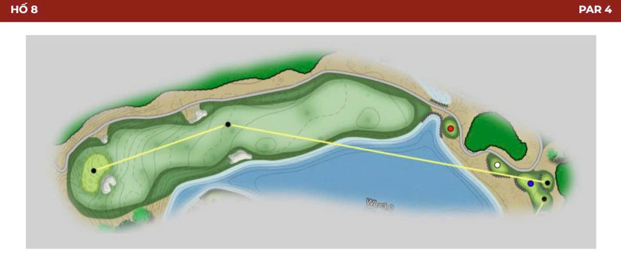 تی باکس مرتفع به بازیکنان اجازه میدهد تا توپ را به سمت یک مسیر عریض در پای کوهی به ارتفاع ۱۲۰ متر پرتاب کنند. یک بانکر بلند در امتداد مسیر در سمت چپ دریاچه امتداد دارد. بازیکنان جسور از بالای دریاچه ضربه میزنند و بانکر با یک ضربه کوتاهتر به سمت گرین پاداش میگیرد. گرین عریض ۵ متر بالاتر از محل فرود قرار دارد و توسط یک بانکر جلویی محافظت میشود. گرین باز است و ضربات از سمت راست انجام میشود. 8.jpg