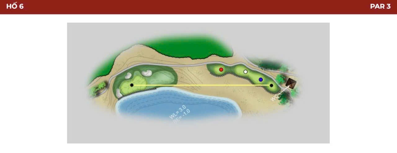 سوراخ ششم که به عنوان یکی از متمایزترین سوراخها طراحی شده است، یک پار ۳ با طول متوسط است که در زمینی سبز که بر روی تپه سنگی ۱۵ متری در پای یک صخره بلند قرار دارد، بازی میشود. این زمین سبز نسبتاً ساده و آسان برای بازی است و از عقب به جلو شیب دارد. گروهی از سنگرها و مناطق پست در سمت چپ زمین سبز با دیوارهای سنگی طبیعی هممرز هستند که از ضربات چپ از بالا جلوگیری میکنند، اما هر ضربهای که خیلی به سمت چپ باشد، در دریاچه پایین قرار میگیرد. 6.jpg
