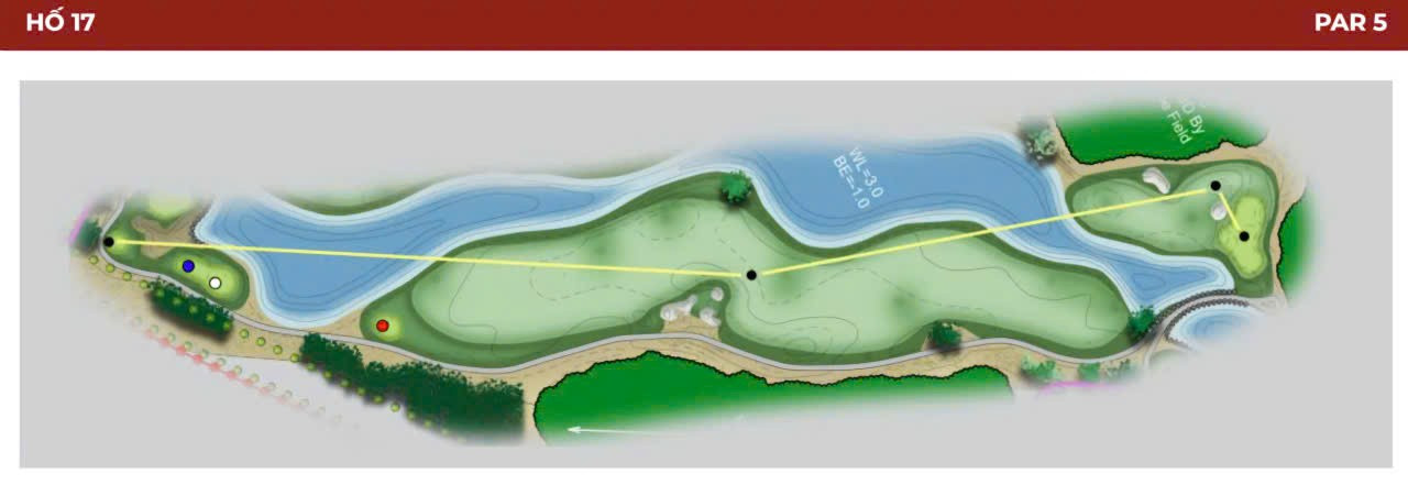 یک پار ۵ کوتاه اما چالشبرانگیز با آب در سمت چپ گرین و کوهی در سمت راست. نهری که از میان مسیر بازی بین مناطق فرود اول و دوم عبور میکند، گزینههای متنوعی در مورد نحوه بازی در این سوراخ به بازیکنان میدهد. بازیکنانی که با ضربات تی خود در نزدیکی دریاچه ضربه میزنند، ممکن است وسوسه شوند که با دو ضربه به گرین ضربه بزنند. رسیدن به گرین نیاز به دقت و شجاعت دارد، زیرا گرین در یک دره پنهان شده و توسط سنگرها محافظت میشود. بازیکنانی که تصمیم میگیرند قبل از نهر کوتاه بازی کنند، دید خوبی به گرین خواهند داشت، اما با یک ضربه دوم چالشبرانگیز از بالای یک سنگر کوچک روبرو میشوند. 17.jpg