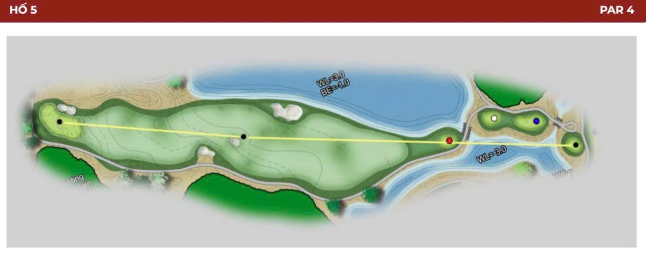 این یک پار ۴ طولانی است. اگرچه دریاچه سمت راست گرین بخشی از استراتژی نیست، اما بخشی از بازی است، اما مسیر مسابقه کاملاً باز و قابل دسترس است. کوههای سمت چپ و دریاچه سمت راست، این سوراخ را به یک گودال خاطرهانگیز تبدیل میکنند. گرین در یک دره طبیعی در پایه کوه قرار دارد که ۳-۴ متر بالاتر از گرین قرار دارد و تغییر ارتفاع قابل توجهی بین عقب و جلو دارد. جلوی گرین، بازیکن را به چالش میکشد تا توپ را به سمت صاف گرین نبرد، زیرا توپ ضربه کوتاه به سمت جلوی گرین میغلتد. 5.jpg