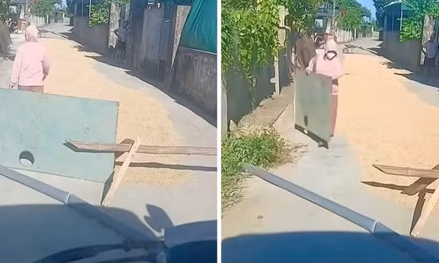 Mang tôn, thanh gỗ chắn đường phơi lúa, đe dọa tài xế ô tô