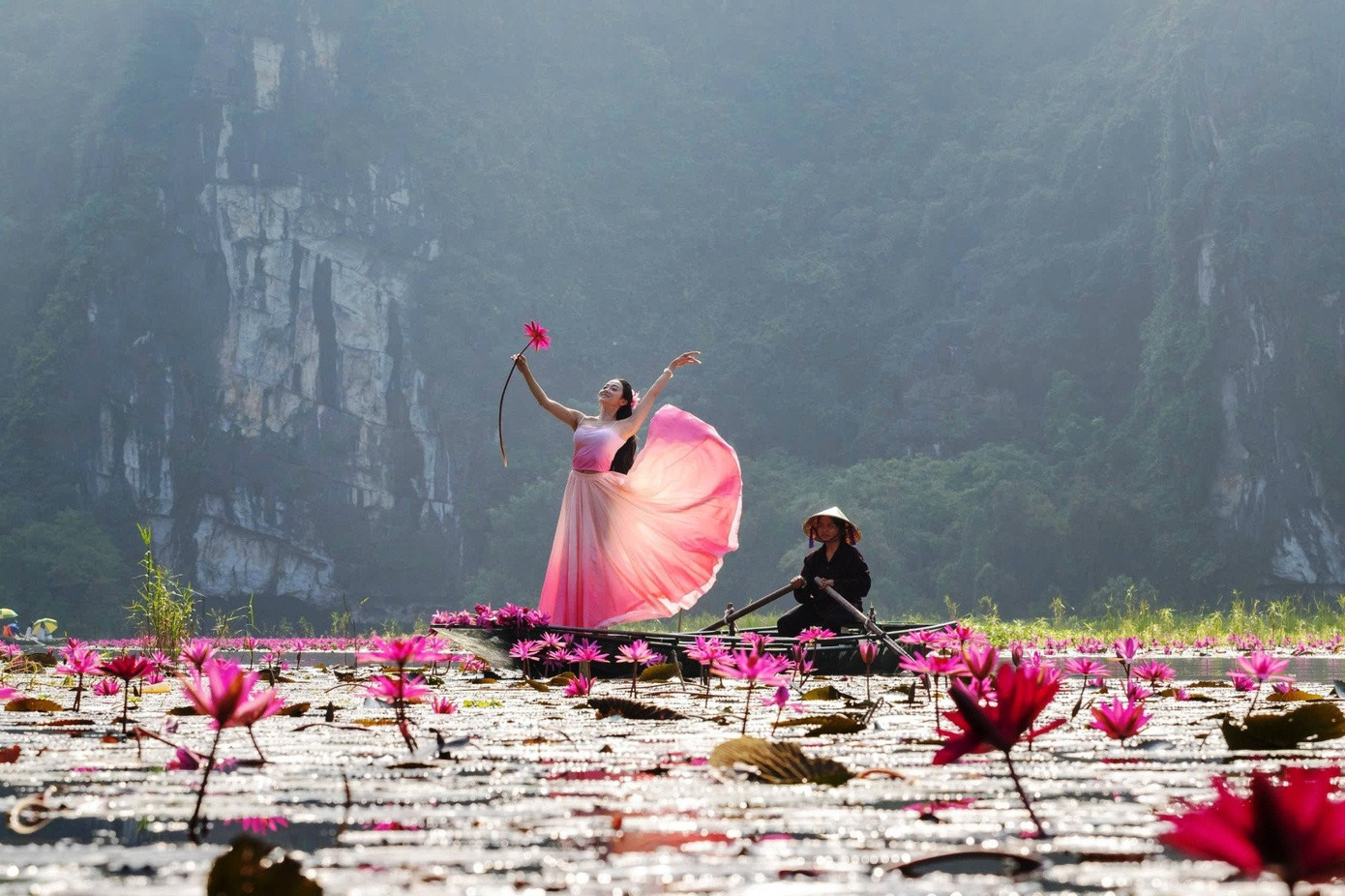 Thích thú check-in cùng hoa súng hồng.