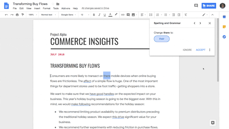 Tính năng kiểm tra và sửa lỗi chính tả, ngữ pháp của Google Docs.