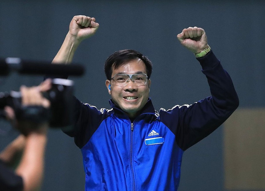 Xạ thủ Hoàng Xuân Vinh trong khoảnh khắc lịch sử giành HCV Olympic 2016. Ảnh: I.T