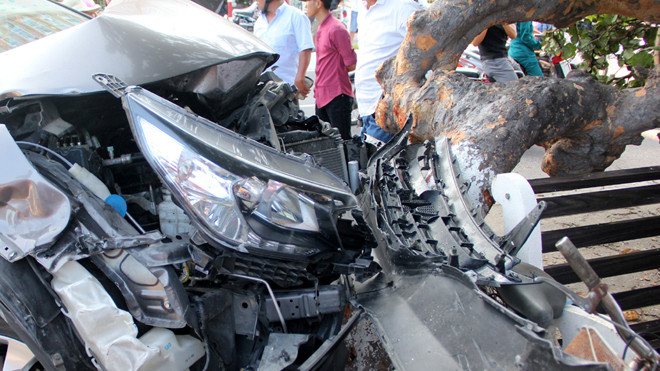 Xe ô tô Honda CRV 79A-053.85 bị nát đầu do đâm vào gốc cây tra 