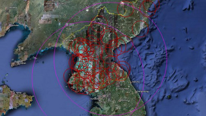 Tầm bắn của tên lửa phòng không Triều Tiên trước khi biên chế mẫu KN-06. Ảnh: Blogspot.