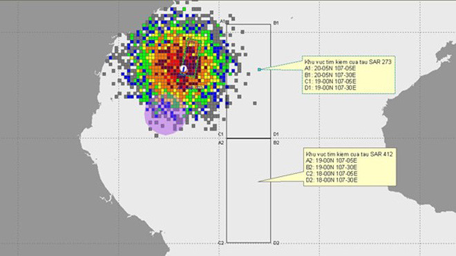 Khu vực tìm kiếm của 2 tàu SAR. Ảnh: Vietnam MRCC.