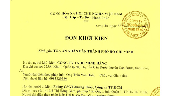 Cty Minh Hằng đã khởi kiện Phòng CSGT đường thủy – CA TP.HCM. Ảnh: Tân Châu