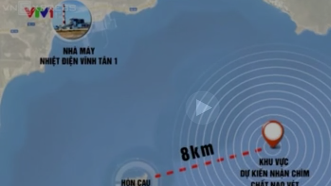 Vị trí dự kiến nhận chìm chất nạo vét của Nhà máy nhiệt điện Vĩnh Tân 1 Ảnh: cắt từ clip VTV