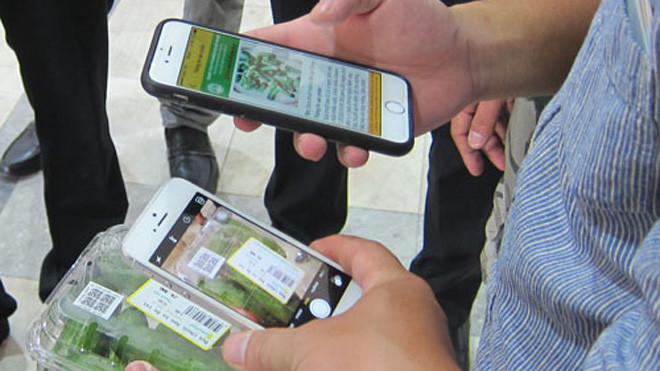 Thông tin về quả dưa chuột hiển thị trên màn hình điện thoại sau khi chụp và quét mã code. Ảnh: Phạm Hương.